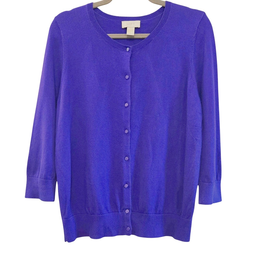 Ann Taylor LOFT Chic Womens L Blue Violet 100% Cotton 3/4 Sleeve Button Cardigan